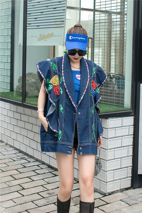 Handmade Beaded Sequins Colorful Crystals Ruffled Denim Vest CODE: KAR2986
