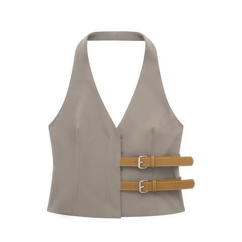 New Fashion Backless Button-up With Belt Cropped Halter Vest Top Loose Casual High Waist Long Pant CODE: KAR2988