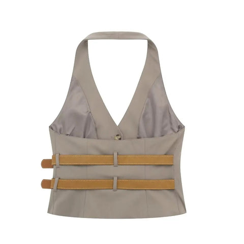 New Fashion Backless Button-up With Belt Cropped Halter Vest Top Loose Casual High Waist Long Pant CODE: KAR2988