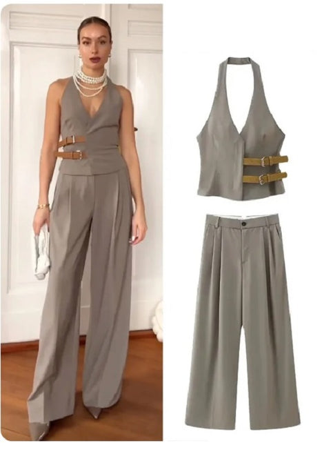 New Fashion Backless Button-up With Belt Cropped Halter Vest Top Loose Casual High Waist Long Pant CODE: KAR2988