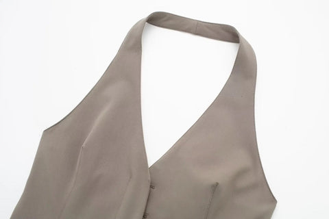 New Fashion Backless Button-up With Belt Cropped Halter Vest Top Loose Casual High Waist Long Pant CODE: KAR2988