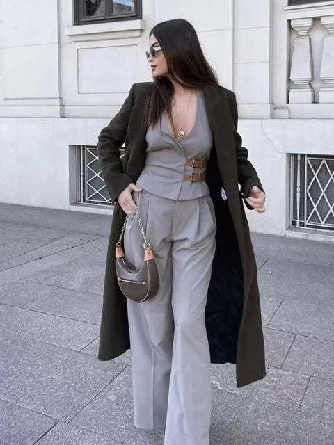 New Fashion Backless Button-up With Belt Cropped Halter Vest Top Loose Casual High Waist Long Pant CODE: KAR2988