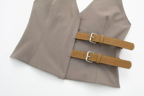 New Fashion Backless Button-up With Belt Cropped Halter Vest Top Loose Casual High Waist Long Pant CODE: KAR2988