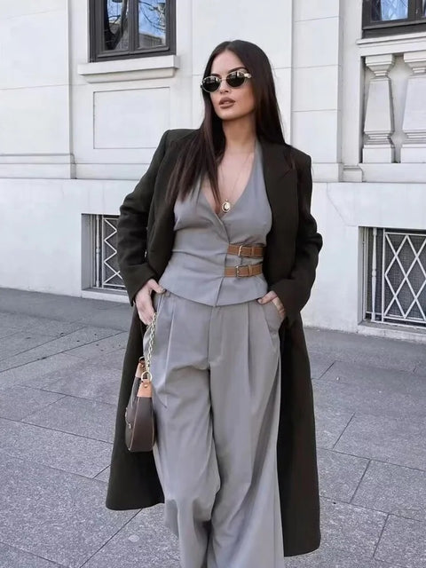 New Fashion Backless Button-up With Belt Cropped Halter Vest Top Loose Casual High Waist Long Pant CODE: KAR2988