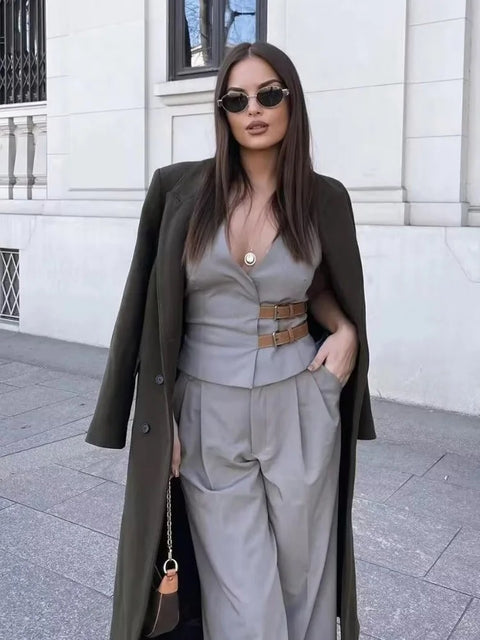 New Fashion Backless Button-up With Belt Cropped Halter Vest Top Loose Casual High Waist Long Pant CODE: KAR2988