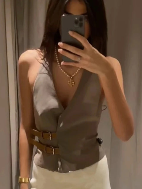 New Fashion Backless Button-up With Belt Cropped Halter Vest Top Loose Casual High Waist Long Pant CODE: KAR2988