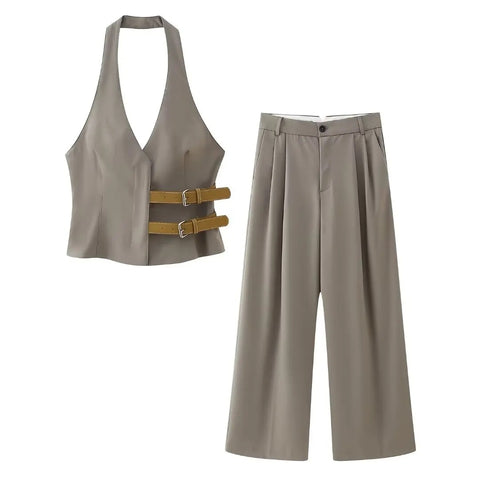 New Fashion Backless Button-up With Belt Cropped Halter Vest Top Loose Casual High Waist Long Pant CODE: KAR2988