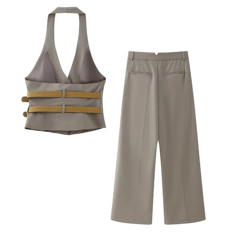 New Fashion Backless Button-up With Belt Cropped Halter Vest Top Loose Casual High Waist Long Pant CODE: KAR2988