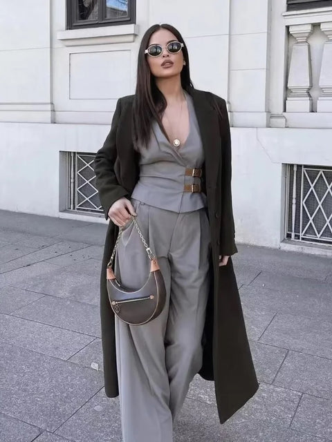 New Fashion Backless Button-up With Belt Cropped Halter Vest Top Loose Casual High Waist Long Pant CODE: KAR2988