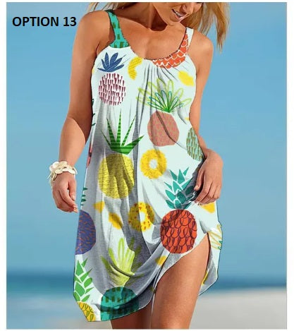Sexy O Neck Sleeveless Boho Tropical Fruit Print Beach Dress CODE: KAR2990