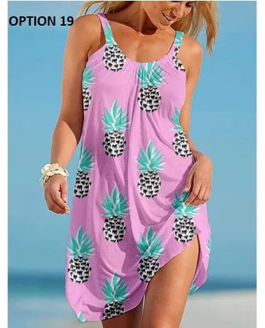 Sexy O Neck Sleeveless Boho Tropical Fruit Print Beach Dress CODE: KAR2990