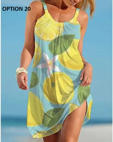 Sexy O Neck Sleeveless Boho Tropical Fruit Print Beach Dress CODE: KAR2990