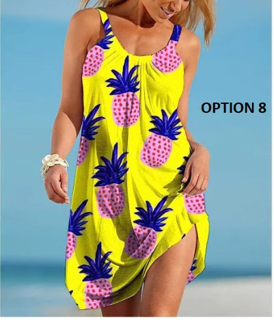 Sexy O Neck Sleeveless Boho Tropical Fruit Print Beach Dress CODE: KAR2990