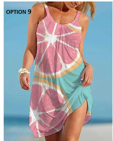 Sexy O Neck Sleeveless Boho Tropical Fruit Print Beach Dress CODE: KAR2990