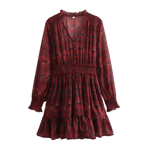 New Elegant Print Ruffle Mini Long Sleeves V-neck Pleated Dress CODE: KAR2992
