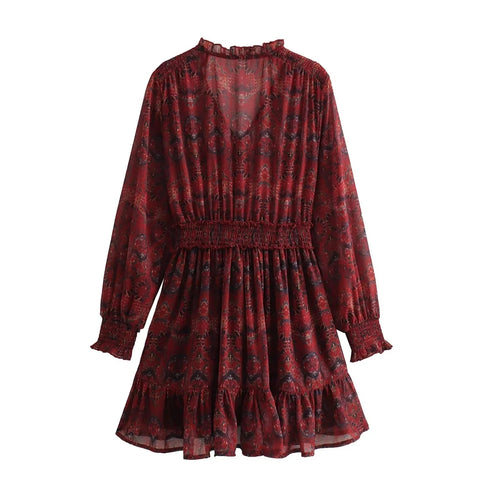 New Elegant Print Ruffle Mini Long Sleeves V-neck Pleated Dress CODE: KAR2992