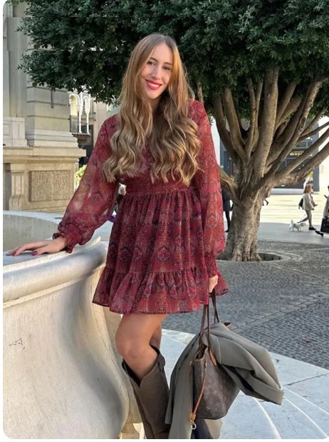 New Elegant Print Ruffle Mini Long Sleeves V-neck Pleated Dress CODE: KAR2992