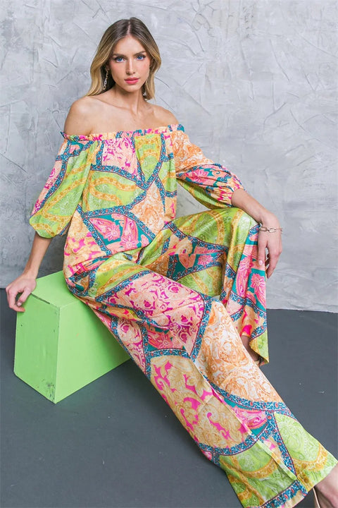 New Off Shoulder Print Shirt Top Wide Leg Pant Two Piece Set CODE: KAR2993