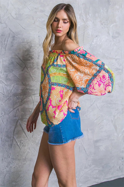 New Off Shoulder Print Shirt Top Wide Leg Pant Two Piece Set CODE: KAR2993