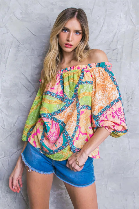 New Off Shoulder Print Shirt Top Wide Leg Pant Two Piece Set CODE: KAR2993