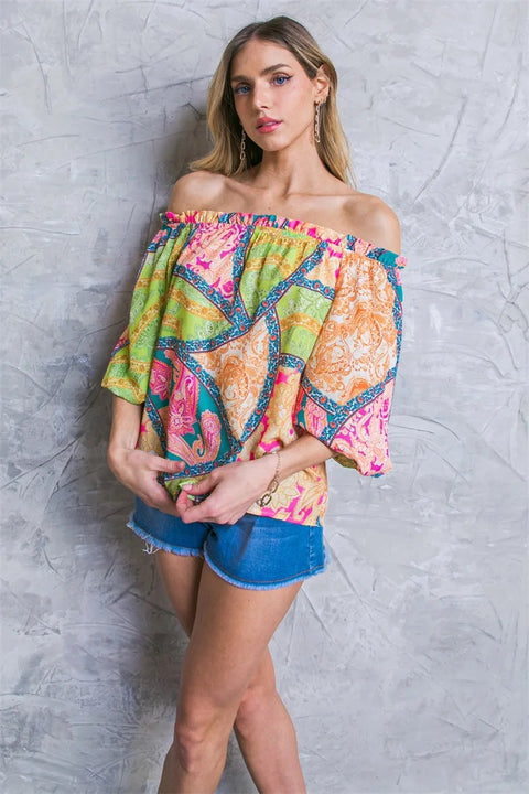 New Off Shoulder Print Shirt Top Wide Leg Pant Two Piece Set CODE: KAR2993