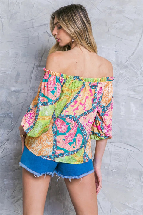 New Off Shoulder Print Shirt Top Wide Leg Pant Two Piece Set CODE: KAR2993