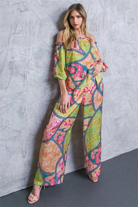 New Off Shoulder Print Shirt Top Wide Leg Pant Two Piece Set CODE: KAR2993