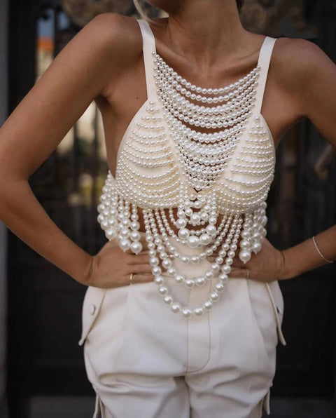 New V-neck Handmade Party Elegant Pearl Beading Vest Top CODE: KAR3007