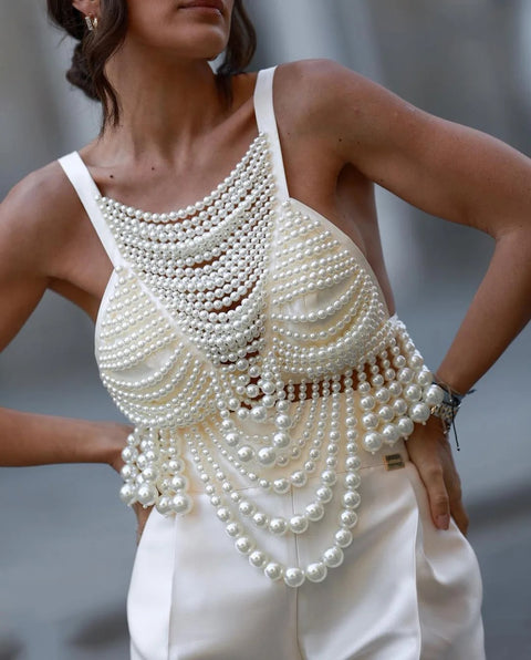 New V-neck Handmade Party Elegant Pearl Beading Vest Top CODE: KAR3007