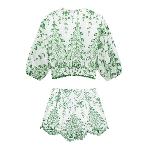 Embroidered Culottes Puff Sleeve V Neck Slim Fit Cropped Top 2-Piece Set CODE: KAR3012