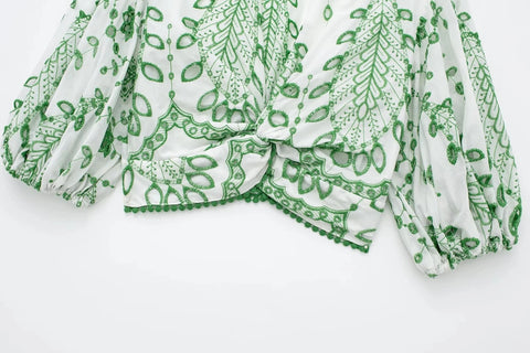 Embroidered Culottes Puff Sleeve V Neck Slim Fit Cropped Top 2-Piece Set CODE: KAR3012