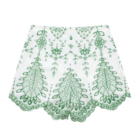 Embroidered Culottes Puff Sleeve V Neck Slim Fit Cropped Top 2-Piece Set CODE: KAR3012