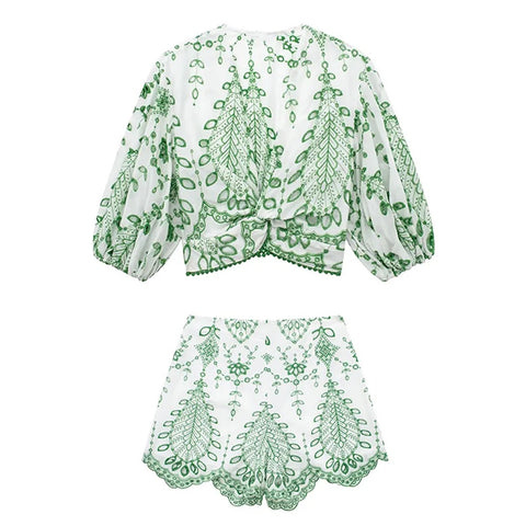 Embroidered Culottes Puff Sleeve V Neck Slim Fit Cropped Top 2-Piece Set CODE: KAR3012