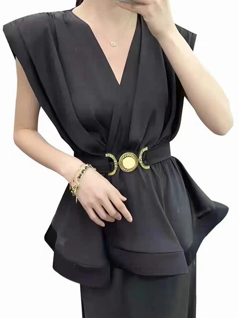New Solid Patchwork Belt Casual V Neck Sleeveless Top CODE: KAR3019