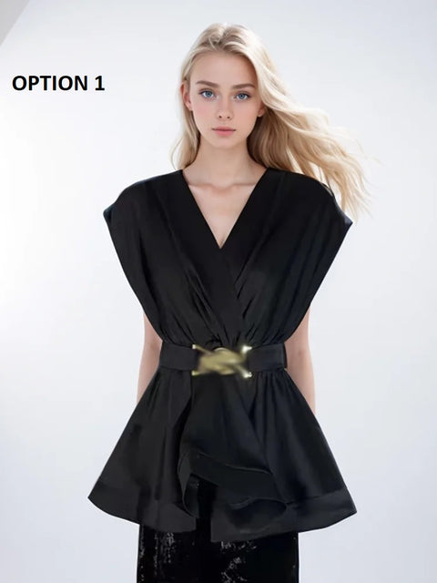 New Solid Patchwork Belt Casual V Neck Sleeveless Top CODE: KAR3019