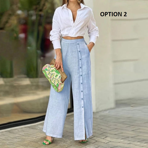 New Elegant Lapel V-neck Blouse and Button Long Pant Two Piece Set CODE: KAR3024