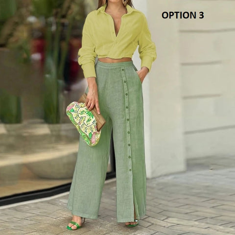 New Elegant Lapel V-neck Blouse and Button Long Pant Two Piece Set CODE: KAR3024