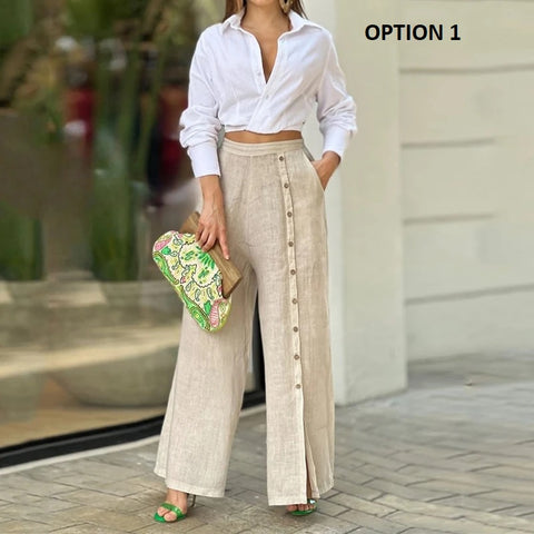 New Elegant Lapel V-neck Blouse and Button Long Pant Two Piece Set CODE: KAR3024