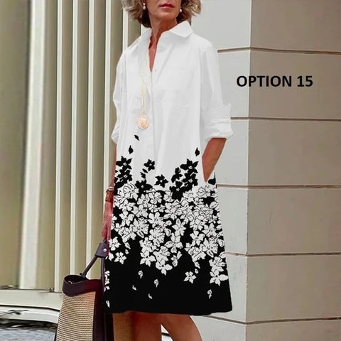 New Long Sleeve Printed Boho Style Pocket V Neck Loose Shirt Dress CODE: KAR3025