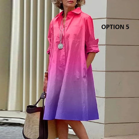 New Long Sleeve Printed Boho Style Pocket V Neck Loose Shirt Dress CODE: KAR3025