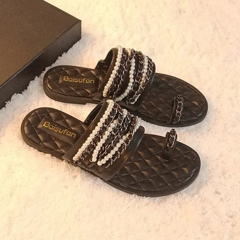 New designer toe beading pearl strings slippers CODE: KAR3028