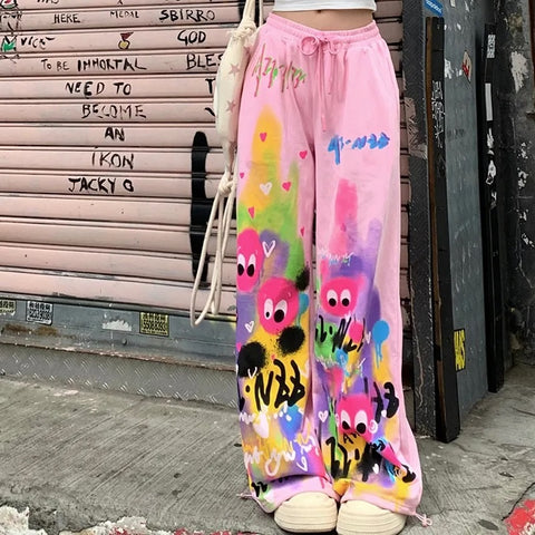 Summer New Printing  Pocket Loose Straight Wide Leg Strap Casual Pants CODE: KAR3032