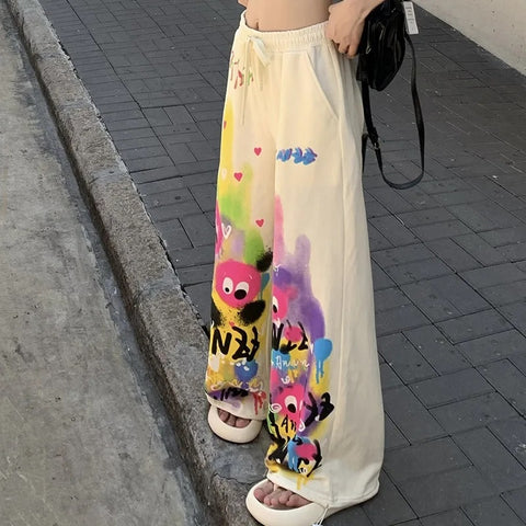 Summer New Printing  Pocket Loose Straight Wide Leg Strap Casual Pants CODE: KAR3032