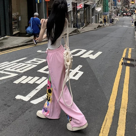 Summer New Printing  Pocket Loose Straight Wide Leg Strap Casual Pants CODE: KAR3032