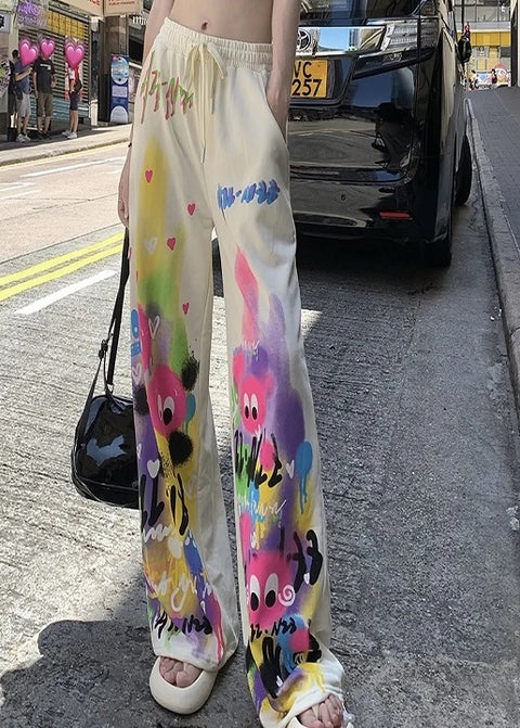 Summer New Printing  Pocket Loose Straight Wide Leg Strap Casual Pants CODE: KAR3032