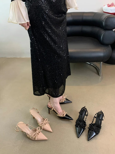 New Pointed Stiletto Luxury Bow Studded Heeled Sandal CODE: KAR3033