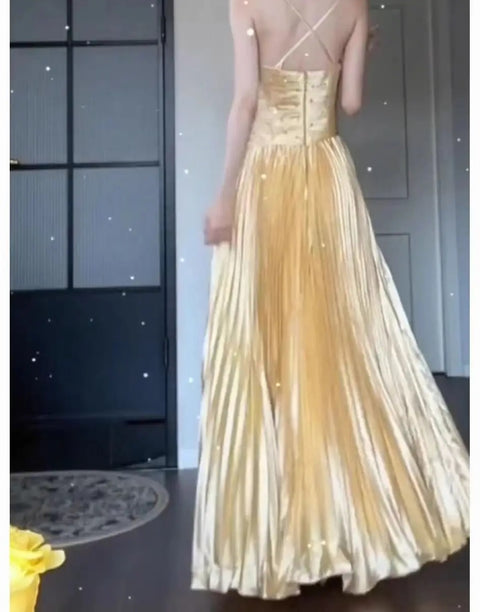 New Pleated Spaghetti Strap Long Beaded Stone Rhinestone Dress CODE: KAR3034