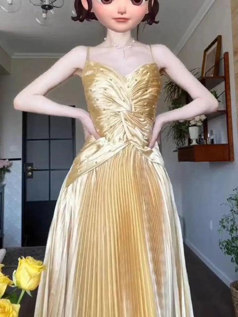 New Pleated Spaghetti Strap Long Beaded Stone Rhinestone Dress CODE: KAR3034
