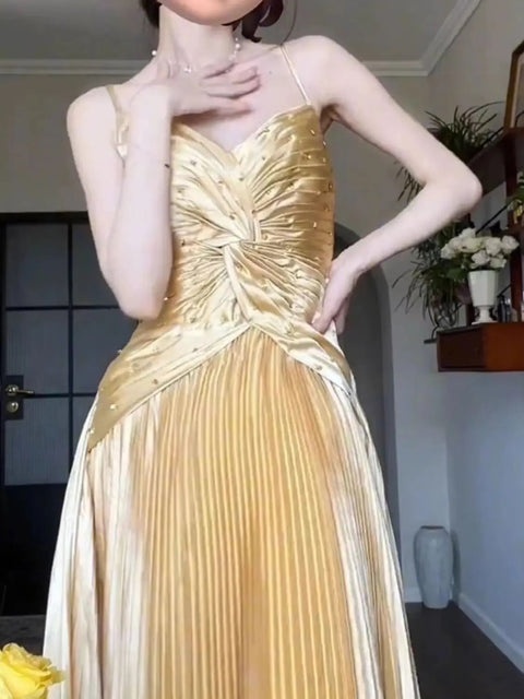 New Pleated Spaghetti Strap Long Beaded Stone Rhinestone Dress CODE: KAR3034