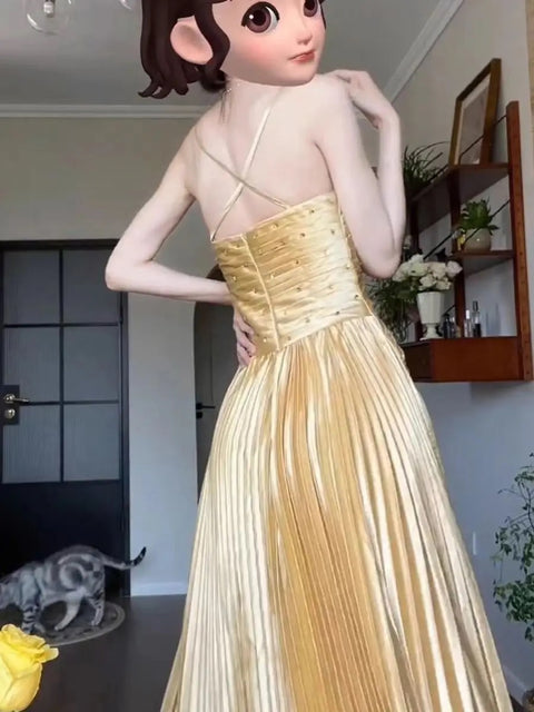 New Pleated Spaghetti Strap Long Beaded Stone Rhinestone Dress CODE: KAR3034